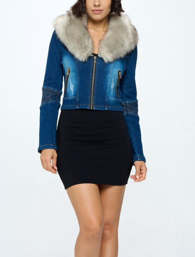 Denim Jacket with Faux Fur Collar (SIZE UP ONE) - SASHAY COUTURE BOUTIQUE Outerwear