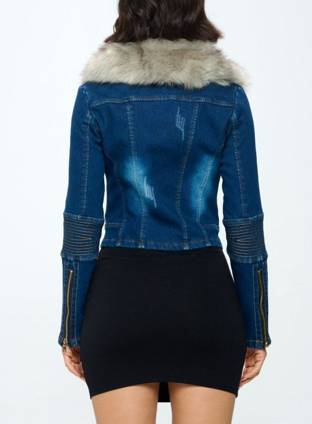 Denim Jacket with Faux Fur Collar (SIZE UP ONE) - SASHAY COUTURE BOUTIQUE Outerwear