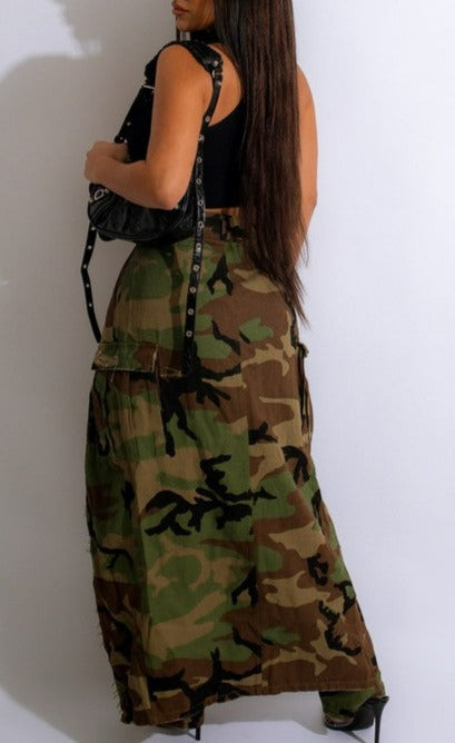 Camouflage Front Slit Cargo Open Maxi - SASHAY COUTURE BOUTIQUE Bottoms