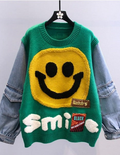 Yellow Smiley Face Denim Sweater - SASHAY COUTURE BOUTIQUE Tops