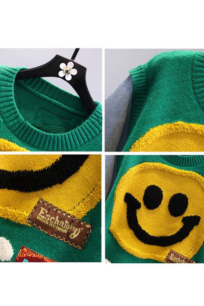 Yellow Smiley Face Denim Sweater - SASHAY COUTURE BOUTIQUE Tops