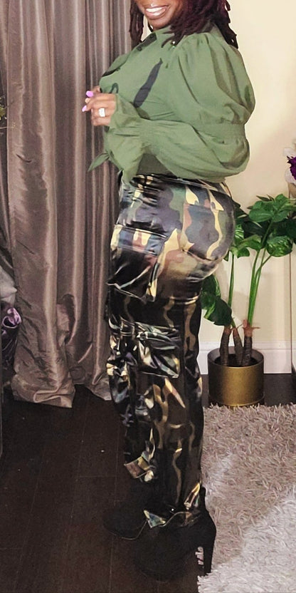 Smooth Satin Camo Cargos - SASHAY COUTURE BOUTIQUE Bottoms