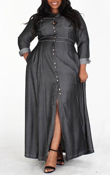 Long Sleeve Denim maxi Dress/Jacket (Curvy) - SASHAY COUTURE BOUTIQUE Dresses