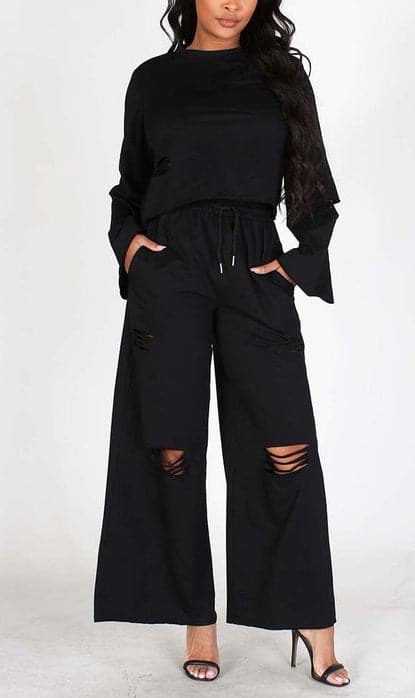 Distressed Hem Crop Top and Pants - SASHAY COUTURE BOUTIQUE Outfit Sets