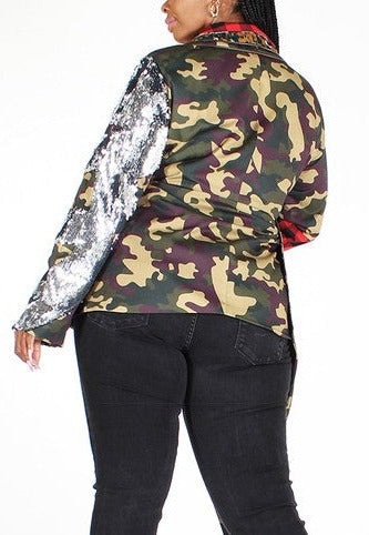 Camo Print Asymmetrical Jacket w/ Sequins (Curvy) - SASHAY COUTURE BOUTIQUE