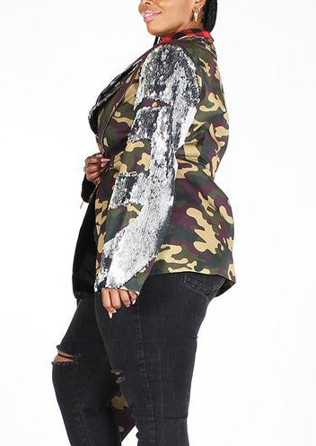 Camo Print Asymmetrical Jacket w/ Sequins (Curvy) - SASHAY COUTURE BOUTIQUE