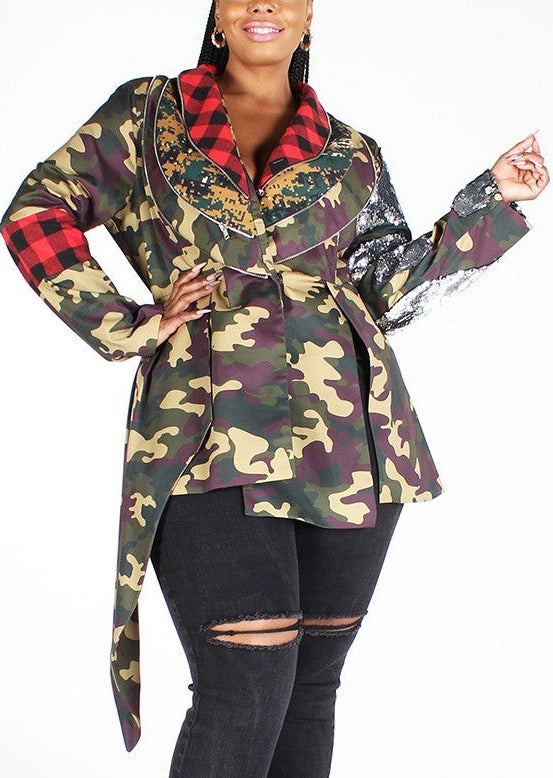 Camo Print Asymmetrical Jacket w/ Sequins (Curvy) - SASHAY COUTURE BOUTIQUE