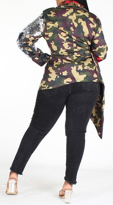 Camo Print Asymmetrical Jacket w/ Sequins (Curvy) - SASHAY COUTURE BOUTIQUE