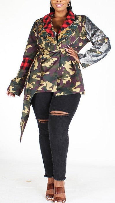 Camo Print Asymmetrical Jacket w/ Sequins (Curvy) - SASHAY COUTURE BOUTIQUE