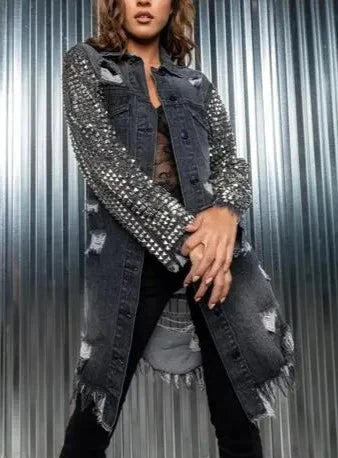 Ripped Denim Jacket with Studded Sleeves (LIMITED EDITION) - SASHAY COUTURE BOUTIQUE Coats & Jackets