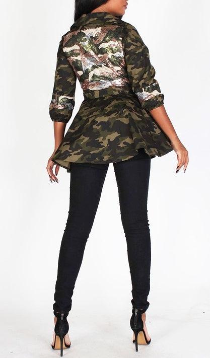 Camo Peplum Sequin Jacket - SASHAY COUTURE BOUTIQUE Jacket