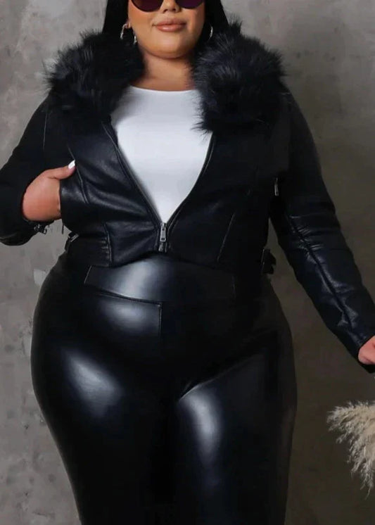 Cropped Vegan Leather Jacket w/Faux Fur Collar (Curvy) - SASHAY COUTURE BOUTIQUE Coats & Jackets