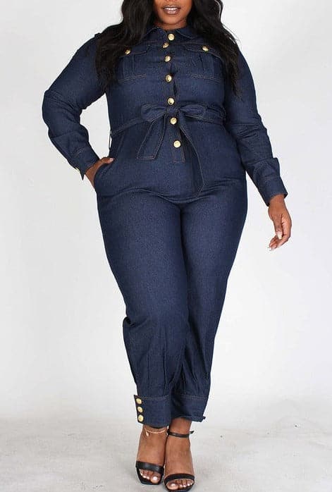 Gold Button Denim Jumpsuit (Curvy) - SASHAY COUTURE BOUTIQUE Jumpsuits & Rompers