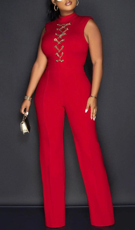 Gold Chain Detailed Jumpsuit (Red Hot) - SASHAY COUTURE BOUTIQUE