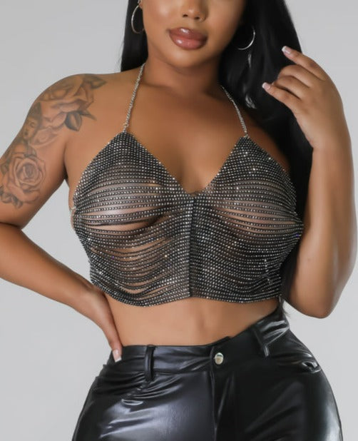 Cropped Rhinestone Halter Top - SASHAY COUTURE BOUTIQUE Tops