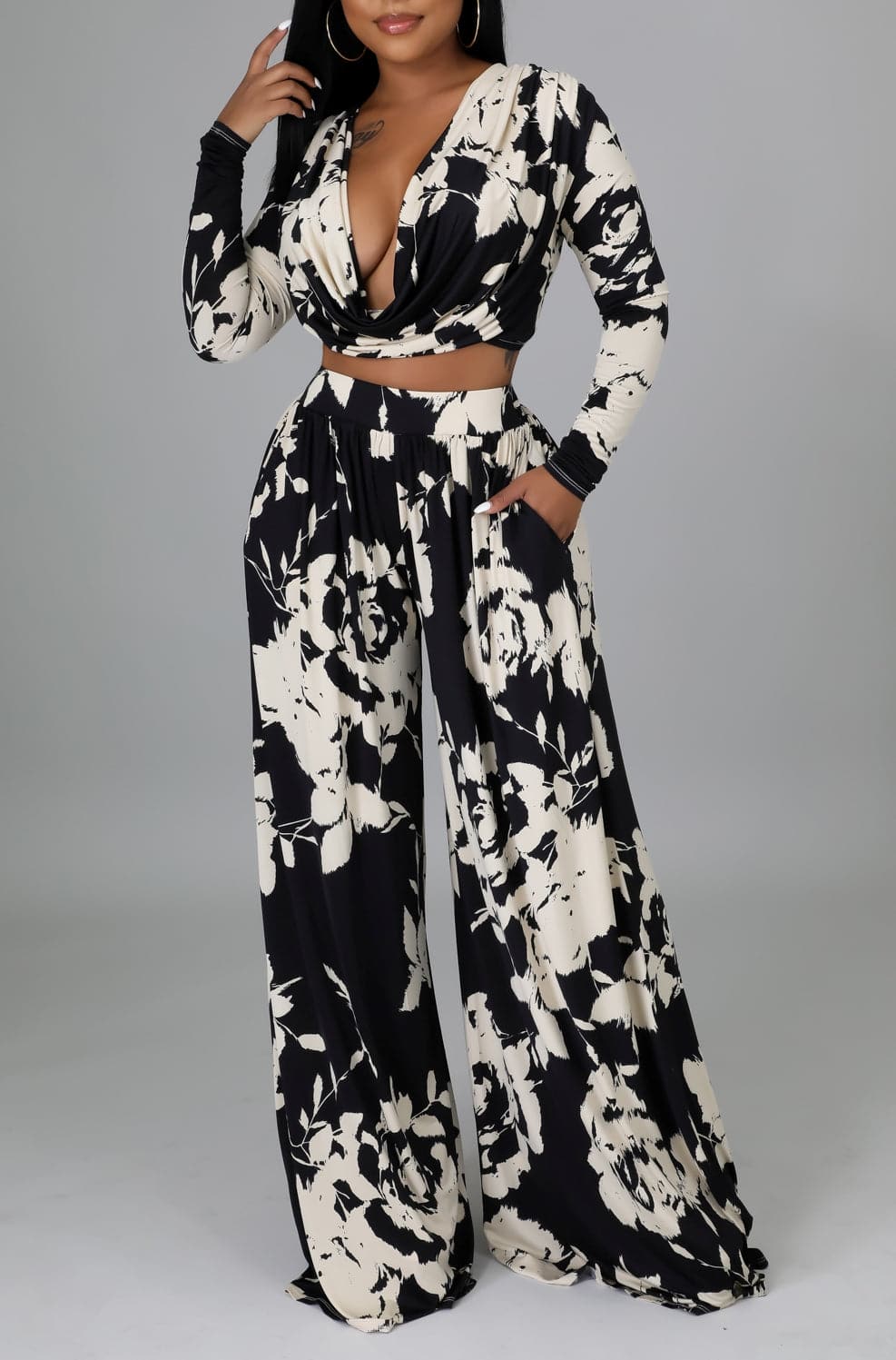 Deep Cowl Neck Cropped Top & Wide Leg Pants Set - SASHAY COUTURE BOUTIQUE Outfit Sets