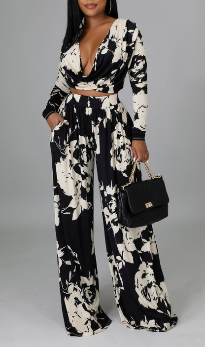 Deep Cowl Neck Cropped Top & Wide Leg Pants Set - SASHAY COUTURE BOUTIQUE Outfit Sets