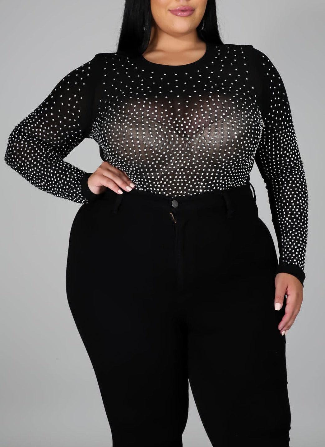 Stone Embellished Bodysuit (Curvy) - SASHAY COUTURE BOUTIQUE Apparel & Accessories
