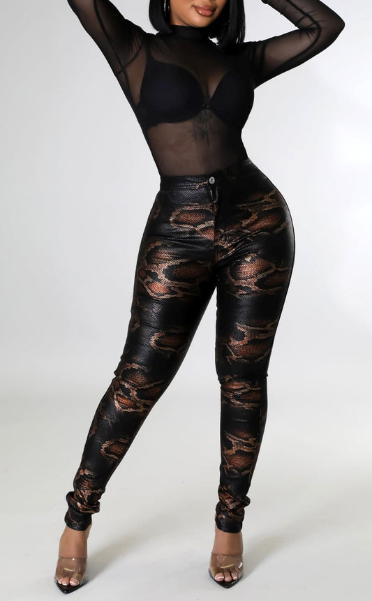 Snake Print Coated High Rise Stretch Pants - SASHAY COUTURE BOUTIQUE Pants