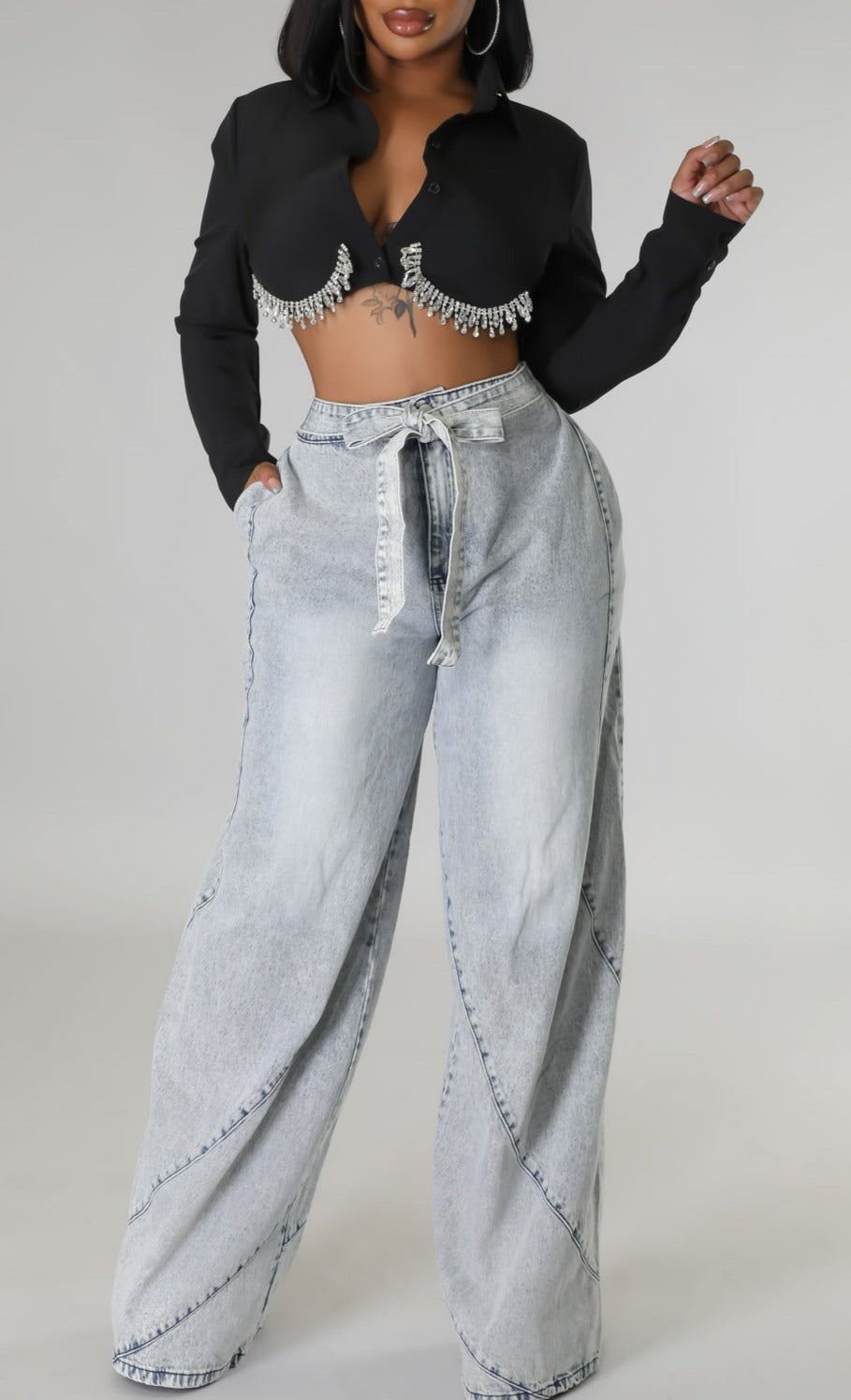 Wide Leg Denim w/Belt - SASHAY COUTURE BOUTIQUE Bottoms