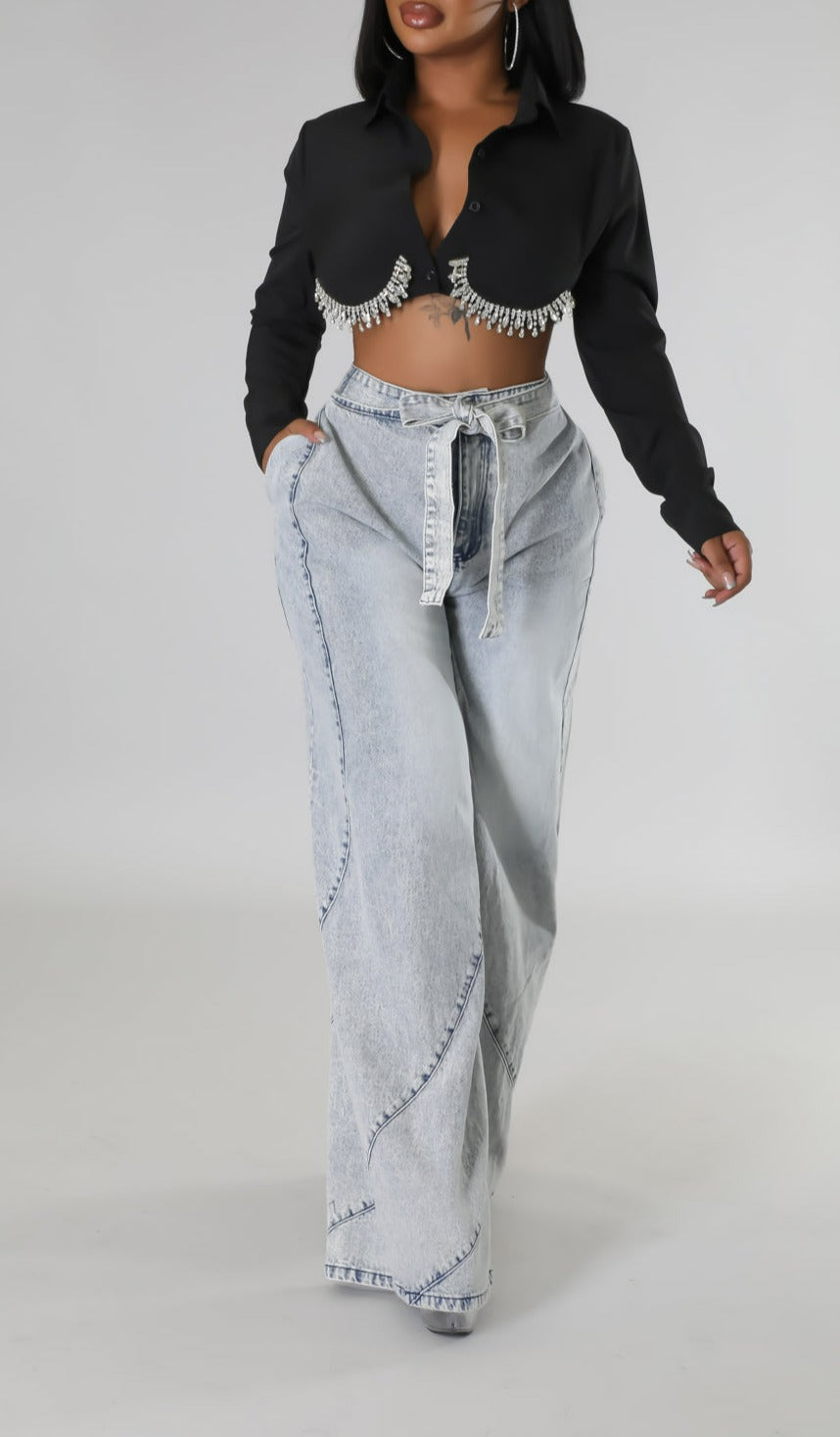 Wide Leg Denim w/Belt - SASHAY COUTURE BOUTIQUE Bottoms