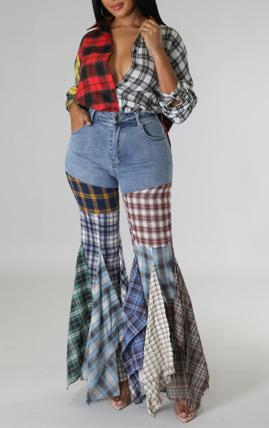 Plaid Patchwork Fit and Flare Denim - SASHAY COUTURE BOUTIQUE Bottoms