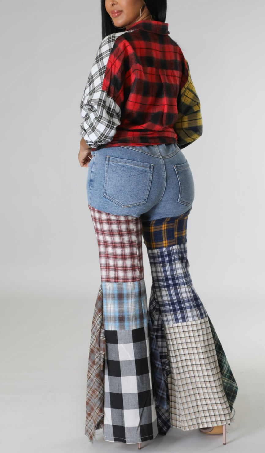 Plaid Patchwork Fit and Flare Denim - SASHAY COUTURE BOUTIQUE Bottoms