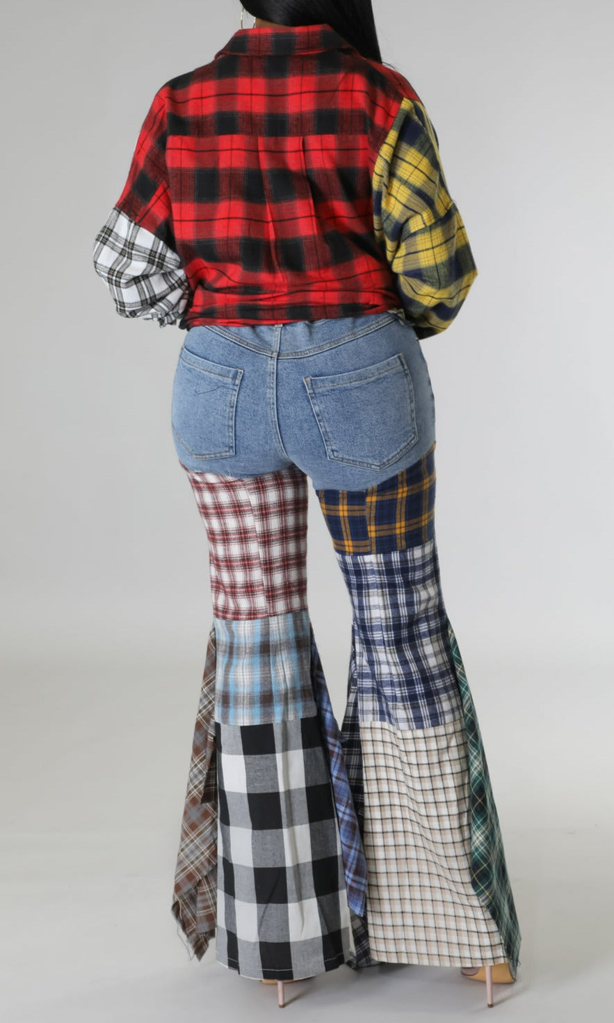 Plaid Patchwork Fit and Flare Denim - SASHAY COUTURE BOUTIQUE Bottoms