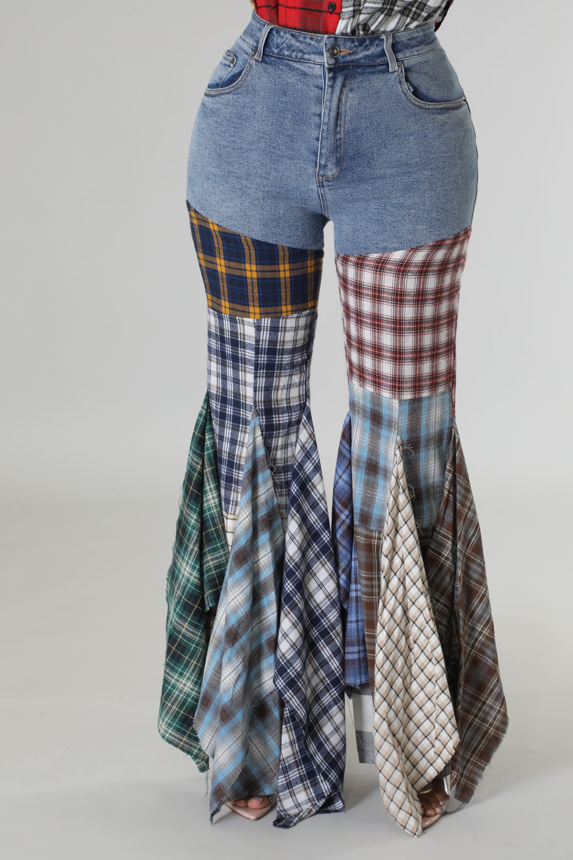 Plaid Patchwork Fit and Flare Denim - SASHAY COUTURE BOUTIQUE Bottoms