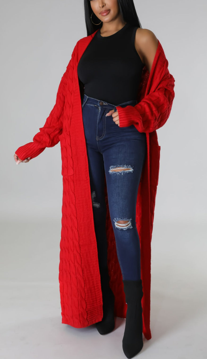 Delta Red Cable Knit Cardigan - SASHAY COUTURE BOUTIQUE Coats & Jackets