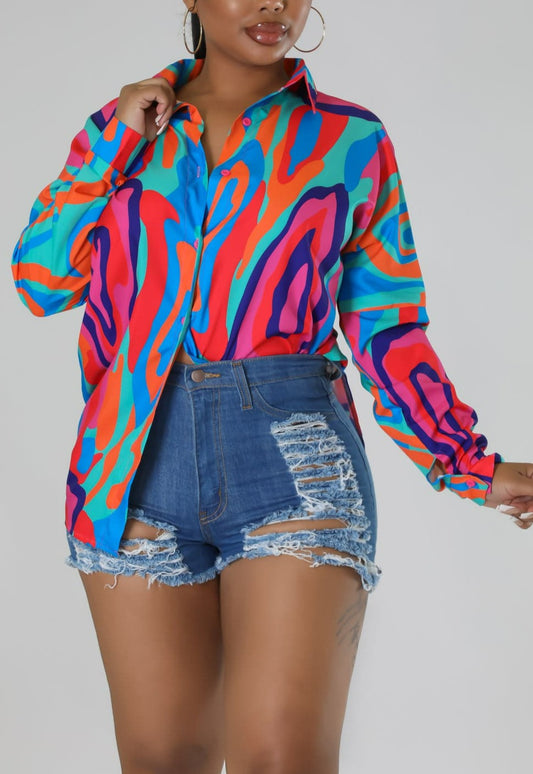 Vibrant Asymmetrical Print Blouse - SASHAY COUTURE BOUTIQUE Tops