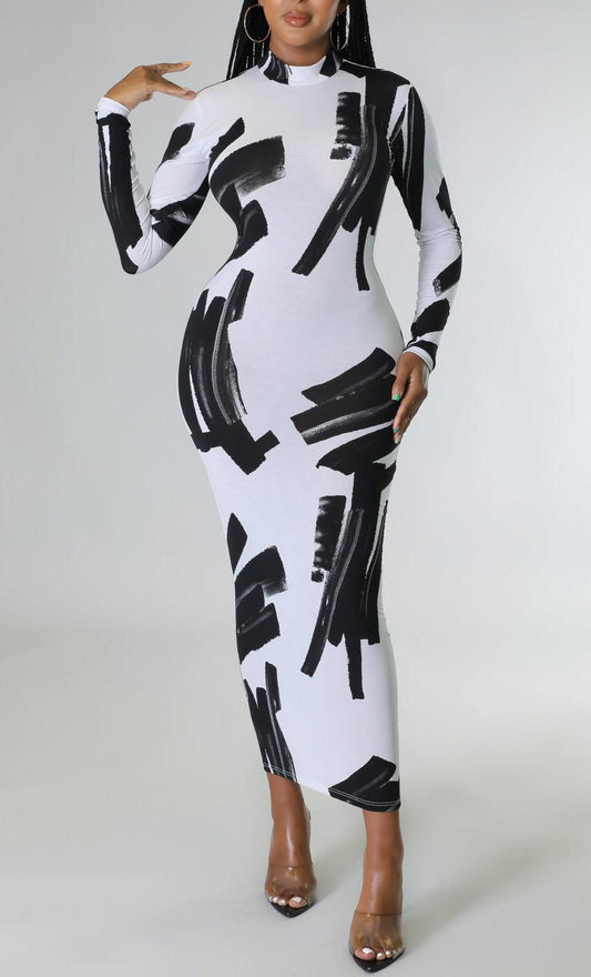 White with Black Fitted Midi Dress - SASHAY COUTURE BOUTIQUE Dresses