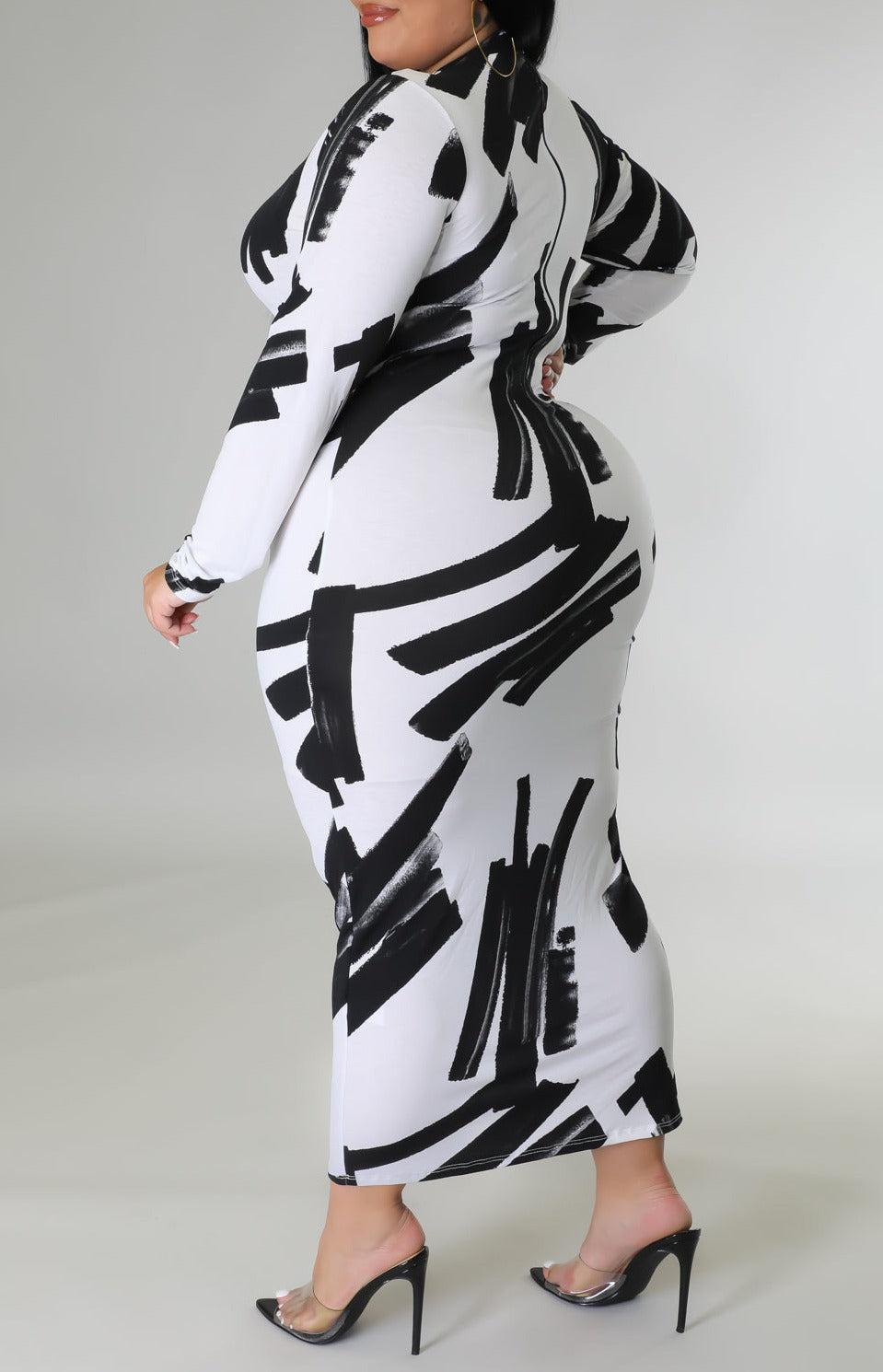 White with Black Fitted Midi Dress (Curvy) - SASHAY COUTURE BOUTIQUE Dresses