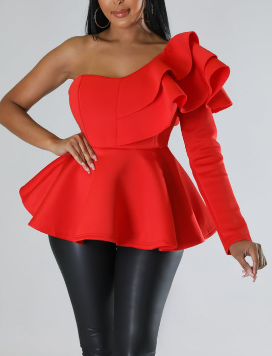 One Shoulder Peplum Blouse - SASHAY COUTURE BOUTIQUE Tops