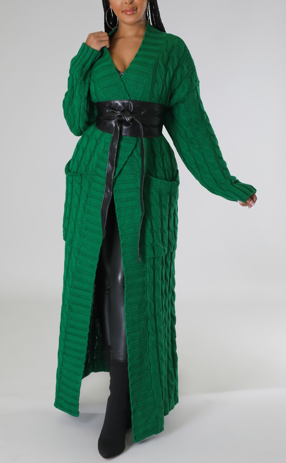 Holiday Green Cable Knit Cardigan - SASHAY COUTURE BOUTIQUE Coats & Jackets