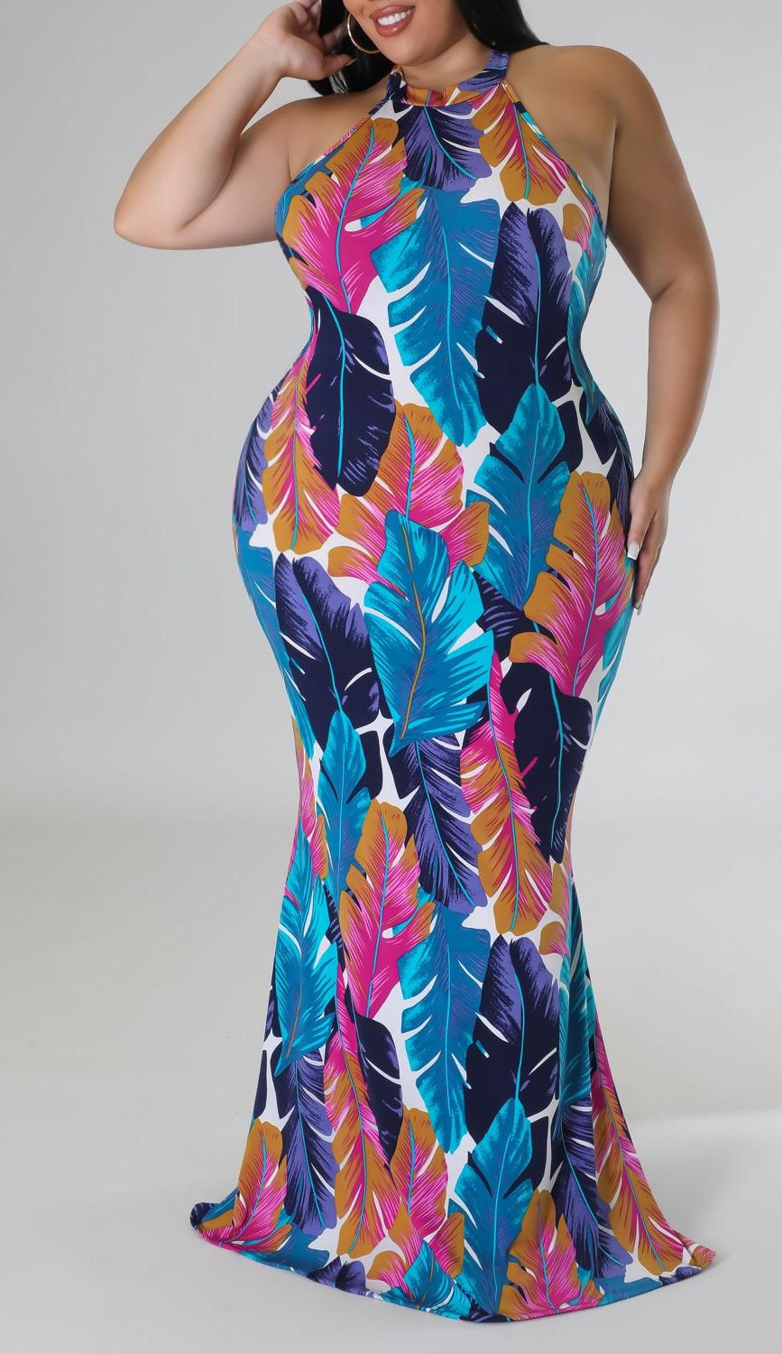 Bold Colors Feather Detailed Maxi (Curvy) - SASHAY COUTURE BOUTIQUE Dresses