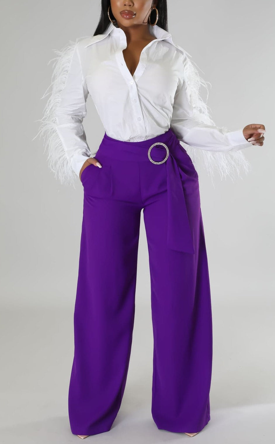 Classy Pants with Embellished Buckle - SASHAY COUTURE BOUTIQUE Pants