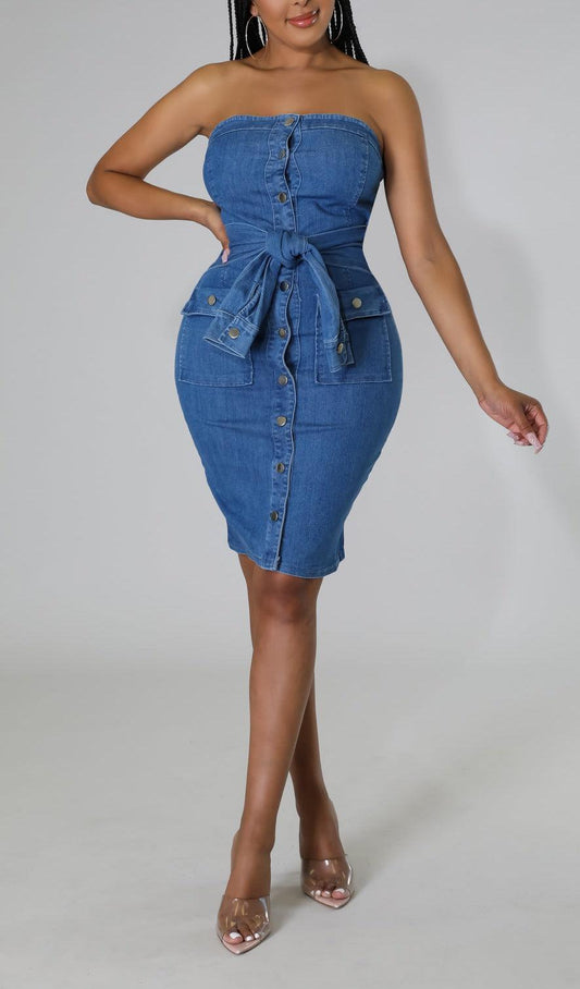 Strapless Denim Midi Dress - SASHAY COUTURE BOUTIQUE Dresses
