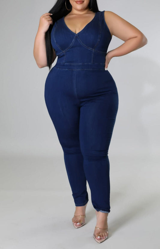 V-Neck Dark Denim Jumpsuit (Curvy) - SASHAY COUTURE BOUTIQUE Jumpsuits & Rompers