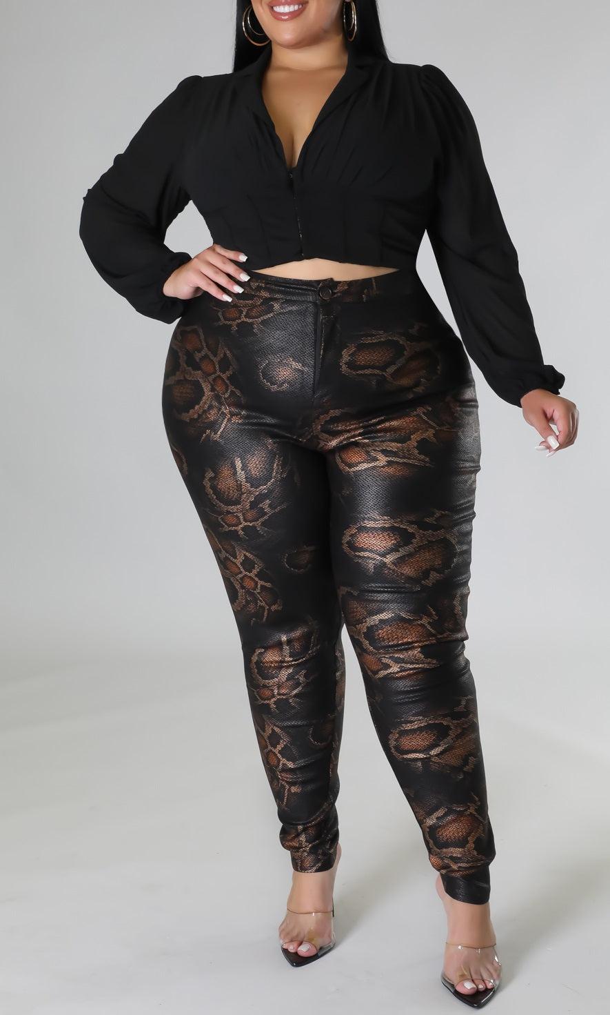 Snake Print Coated High Rise Stretch Pants (Curvy) - SASHAY COUTURE BOUTIQUE Pants