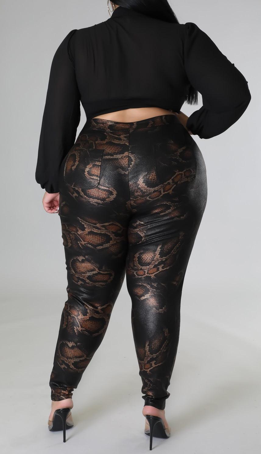 Snake Print Coated High Rise Stretch Pants (Curvy) - SASHAY COUTURE BOUTIQUE Pants