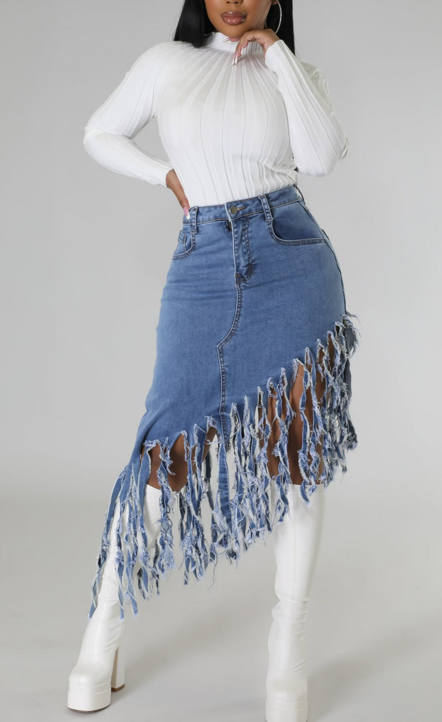 Asymmetrical Fringed Denim Skirt - SASHAY COUTURE BOUTIQUE Bottoms