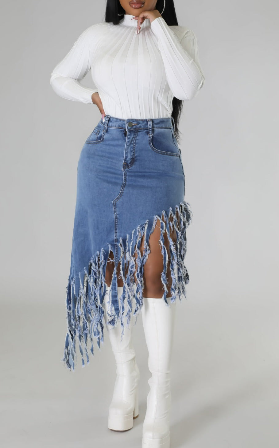 Asymmetrical Fringed Denim Skirt - SASHAY COUTURE BOUTIQUE Bottoms