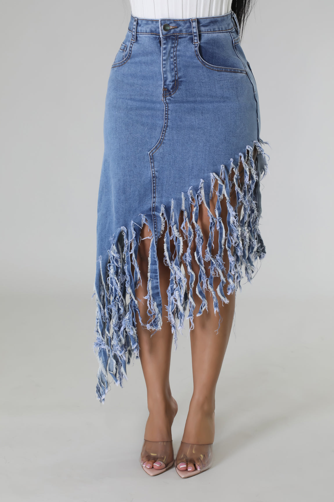 Asymmetrical Fringed Denim Skirt - SASHAY COUTURE BOUTIQUE Bottoms