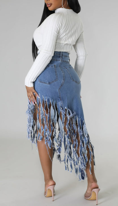 Asymmetrical Fringed Denim Skirt - SASHAY COUTURE BOUTIQUE Bottoms