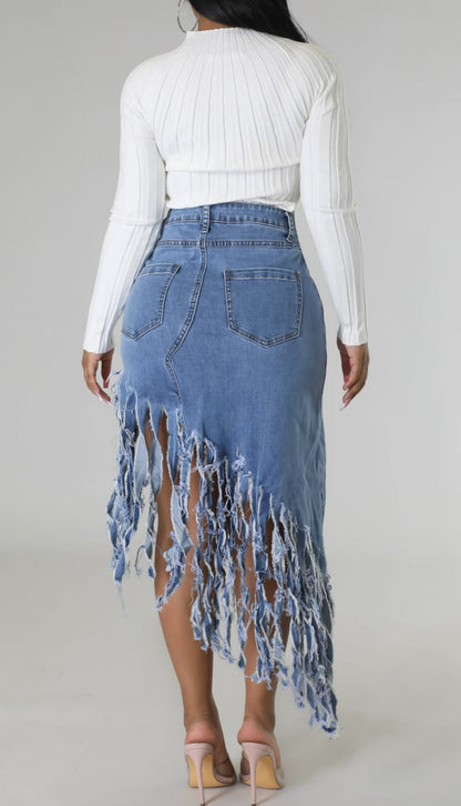 Asymmetrical Fringed Denim Skirt - SASHAY COUTURE BOUTIQUE Bottoms