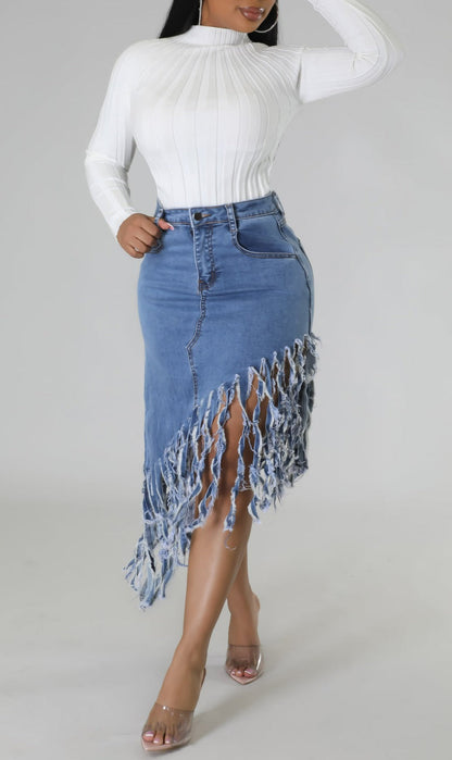 Asymmetrical Fringed Denim Skirt - SASHAY COUTURE BOUTIQUE Bottoms