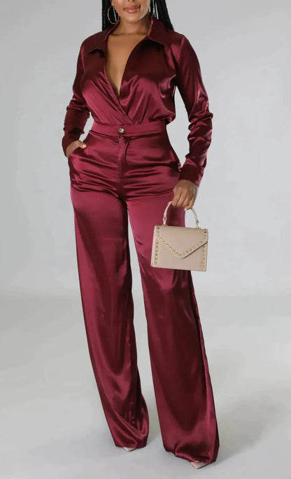 Satin Blouse and Pants Set - SASHAY COUTURE BOUTIQUE Two Piece