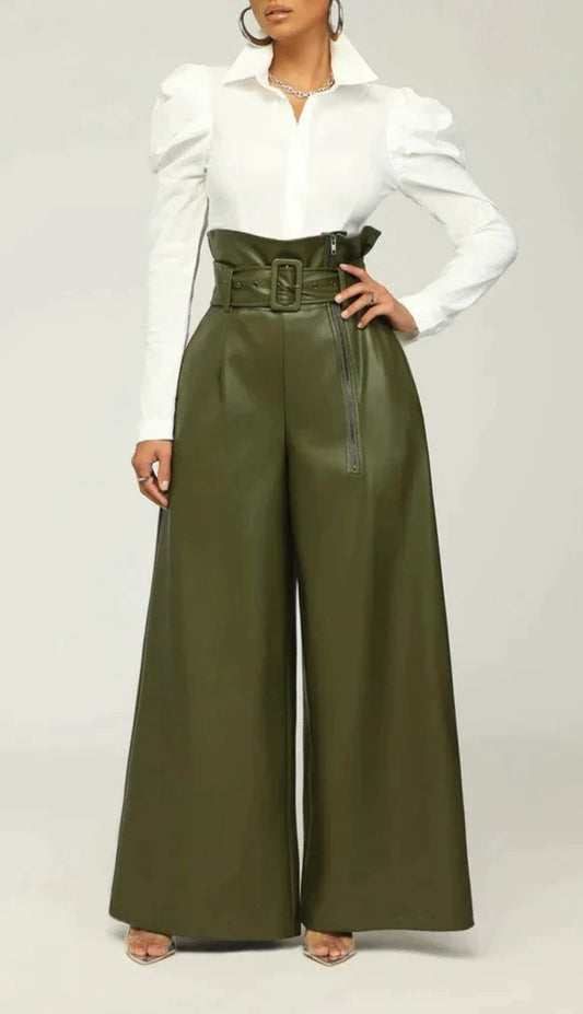 Paper Bag Waist Wide Leg Vegan Leather Pants - SASHAY COUTURE BOUTIQUE Bottoms