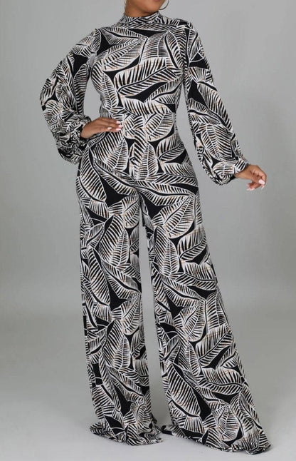 Leaf Print Wide Leg Jumpsuit with Sash - SASHAY COUTURE BOUTIQUE Jumpsuits & Rompers